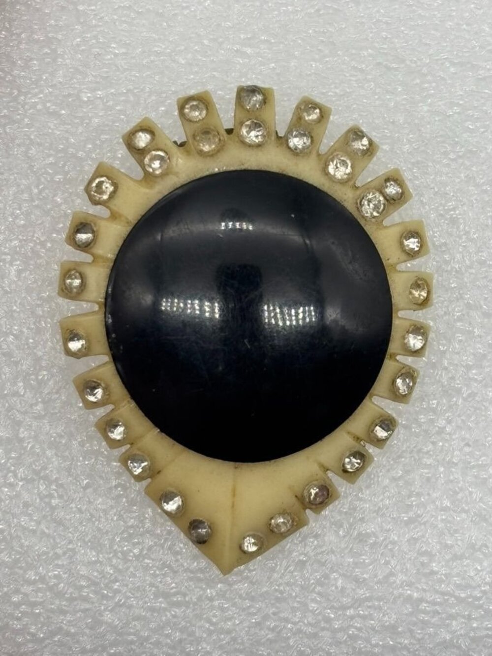 Vintage Celluloid Art Deco Dress Clip Black and Cream With Rhinestones, Unsigned